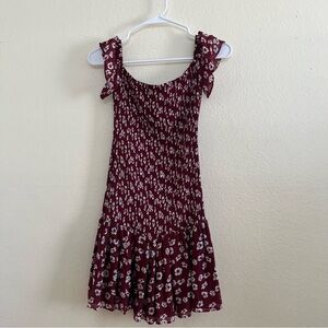 Zara Burgundy Red and White Floral Print Smocked Mini Dress Size XS